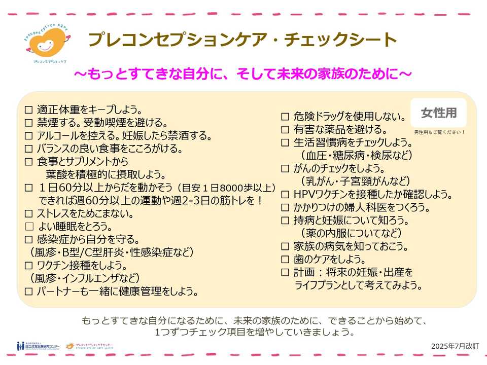 プレコンセプションケア・チェックシート（女性用）