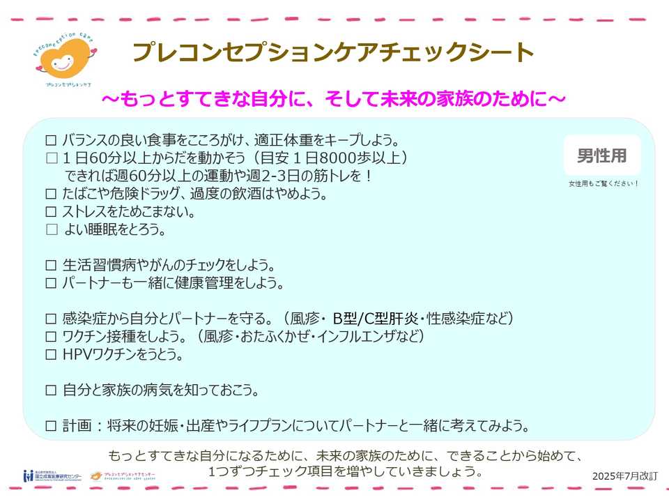 プレコンセプションケア・チェックシート（男性用）